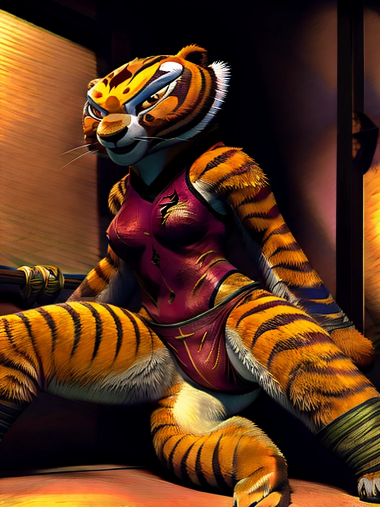 A detailed, muscular Tigress from Kung Fu Panda in a DreamWorks animated style, a girl with a 3:1 hip to leg ratio wearing a diaper and a leotard, lying in bed in a bright bedroom, extremely detailed facial features, cinematic lighting, photorealistic, 8K, hyper detailed, masterpiece