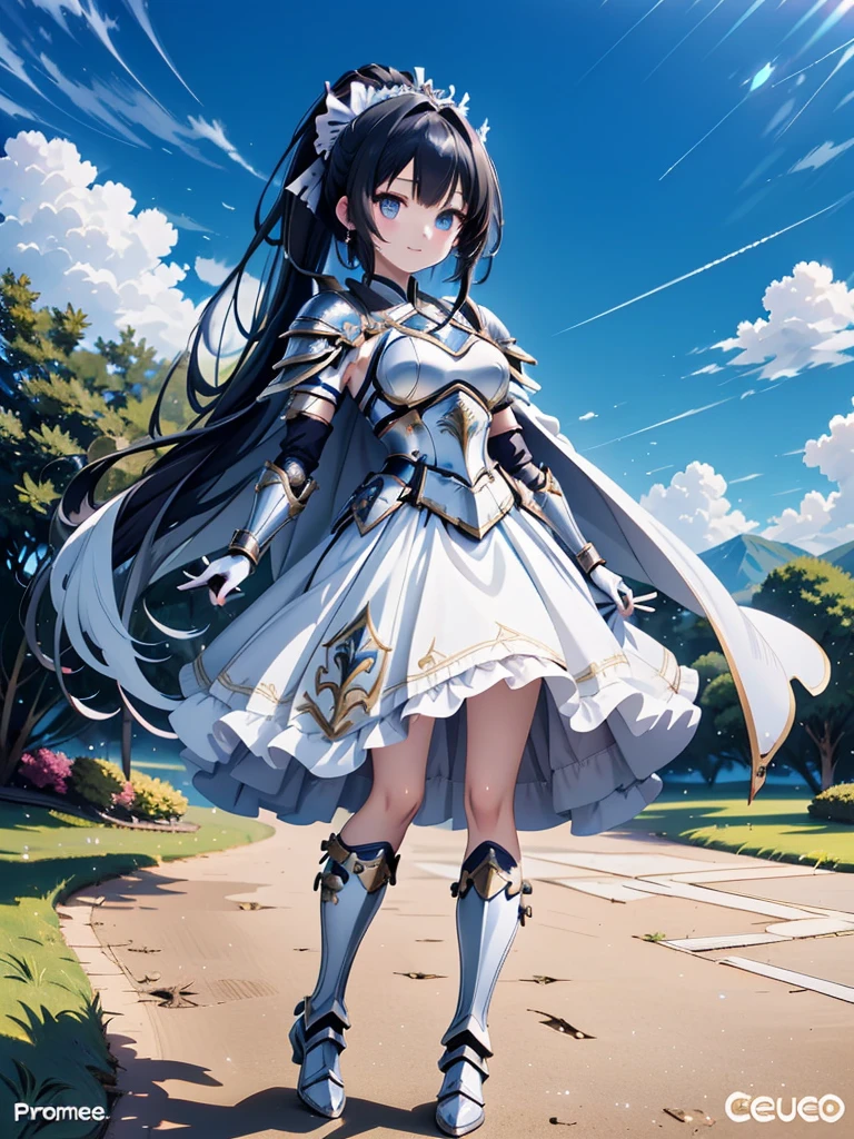 one Japanese anime girl, female knight, cute face, thin and tall, smile, black long hair, ponytail with ribbon bow, princess crown, earrings, white shoulder armor, white breast armor, white chest plate, white arm and wrist armor, hand gloves, short skirt armor, long armored boots, cape, full body shot, grass and sky view