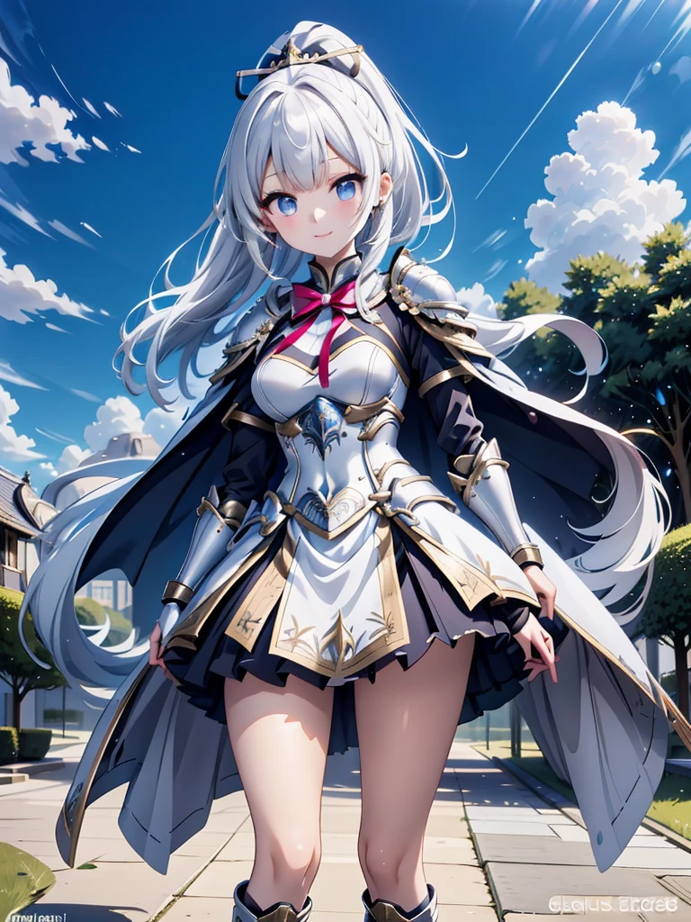 one Japanese anime girl, female knight, cute face, thin and tall, smile, black long hair, ponytail with ribbon bow, princess crown, earrings, white shoulder armor, white breast armor, white chest plate, white arm and wrist armor, hand gloves, short skirt armor, long armored boots, cape, full body shot, grass and sky view