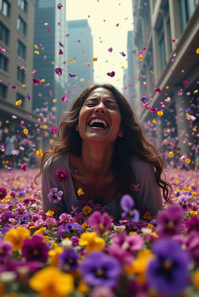 (((The expression of agony of a woman struggling with )))、植物のパンジーとビオラのとても大量のflowerびらが集中豪雨のように舞い上がり勢いよく落下してpeople々Attacking、flowerの集中豪雨、大勢のpeople間がflowerに埋もれてflowerに溺れて路上で苦しそうにもがいている阿鼻叫喚、 lots of victims 、Abnormal phenomenon 、Climax scene from the movie 「flower嵐」 in Panic 、 Dynamic Camera Angle 、flower、flower、flower、大量のflowerが都市を破壊する!!!、(((people々 is a close-up of the expression of agony of a woman who is struggling and is about to fall down after being attacked by poison gas )、