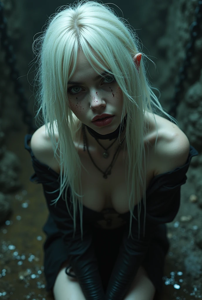 ((pale skin)), ((white skin)), athletic, brunette ((11 year old girl)), with long hair, with blue eyes, ((goth)), naked, defined muscles, six-pack abs, ((black lipstick)), pink nipples, black choker, pubic hair, ((moist labia)), wet labia majora, as a fantasy warrior, sexy armor