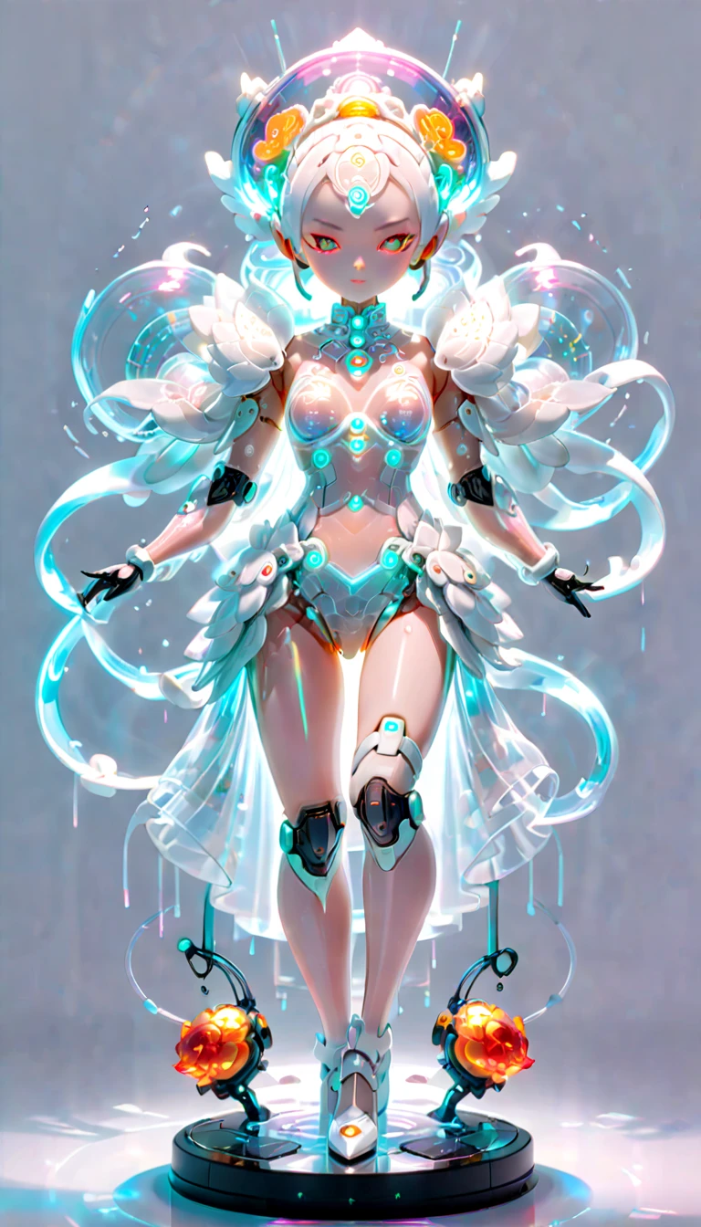 ( blind box toy style :1.2),whole body, Alone,White background,(Female robot in transparent white lotus dress, Female robot wearing gloves and high heels ),(Chinese colors,Very colorful),  cyberpunk , Dreamy sparkle, Glowing neon lamp,3d