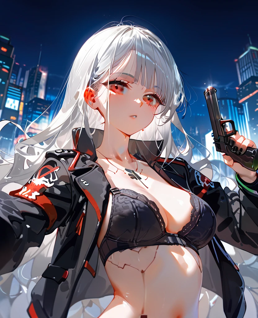 1girl, slim, pale. two tone hair, black and silver hair, wavy hair, red eyes,. Futanari, cock, android. Cyberpunk, post apocalyptic, light, foliage, black outfit, militia. Post apocalyptic outfit, black bra, cyberpunk accessories, gun. Silver implants, gilded, night city, fancy cars. Blade runner. Jacket.