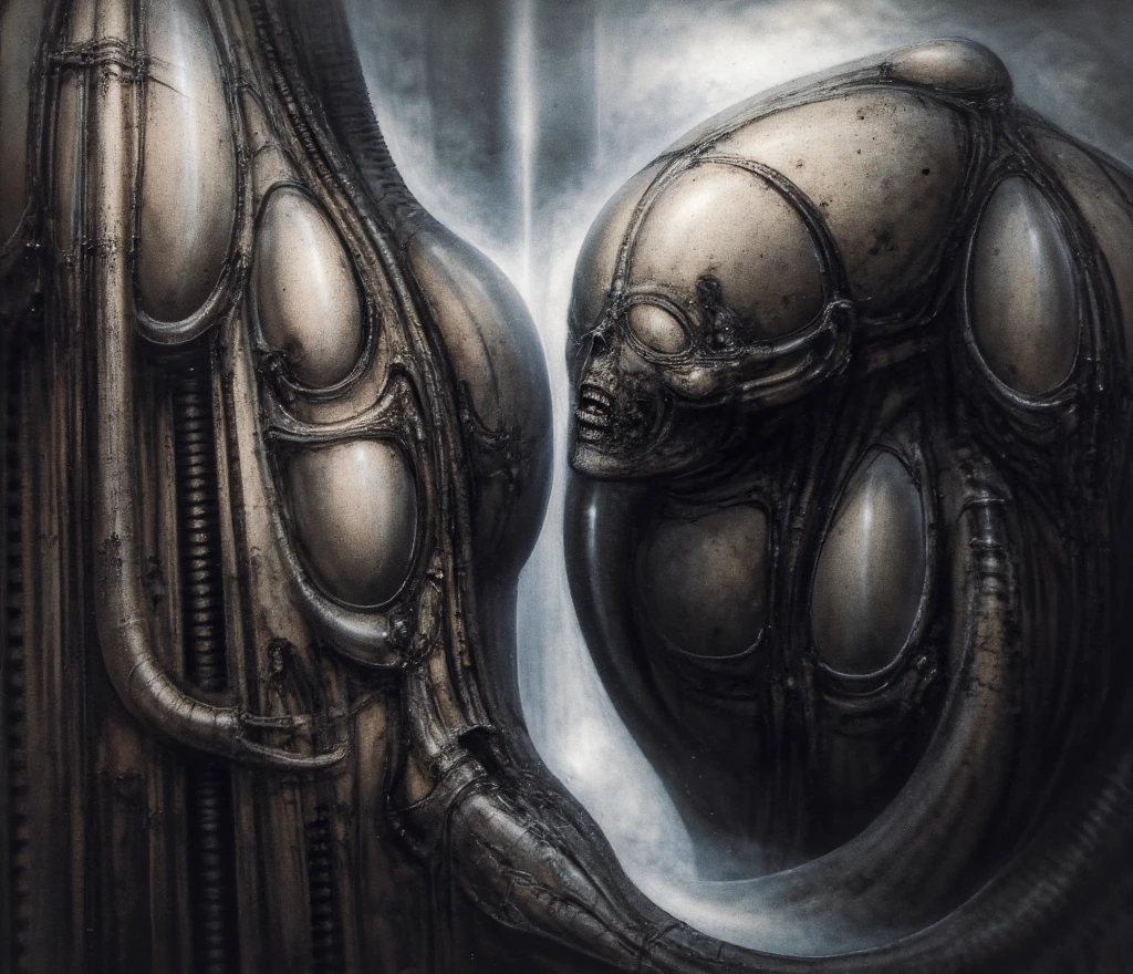 HRGGR, The image is a detailed view of H.R. Giger's biomechanical tableau \" Vlad Tepes \" plate, featuring The composition of Vlad Tepes shows an environment worked out in a way to give the impression of three dimensions.

What exactly in it shows a connection with Vlad the Impaler other than stakes to be rammed through the heart of vampires?

Something that looks like a vast walnut is being broken open at the base of the picture.

There are tall shadowy figures with ribbed serpentine bodies, one on the left is armed with a cross shaped spike, while the swirling forms of the river and the fog add a touch of dynamism and chaos. The use of a limited color palette, primarily shades of gray and black, contributes to the overall sense of foreboding and mystery. These structures could be overgrown with fleshy, organic forms, suggesting decay and corruption. Color Palette: A monochromatic palette of dark grays and blacks would create a sense of foreboding and mystery. Consider adding subtle hints of red or green to highlight certain details or to evoke a sense of decay. Lighting: Use dramatic lighting to create a sense of depth and atmosphere. A single, harsh light source could cast long, distorted shadows, adding to the overall sense of unease. Symbolism and Storytelling: The Curse: The skeletal figure could be depicted in a state of torment, perhaps clawing at its own flesh or contorted into an unnatural position. This could symbolize the physical and psychological suffering caused by the curse. The Labyrinth: The labyrinthine network of tubes and pipes could represent the labyrinthine nature of the curse itself, trapping the victim in an endless cycle of suffering. The Unmaskable: The figure's face could be obscured by a mask or a veil, symbolizing the hidden nature of the curse and its enduring power.  Sharp focus on foreground elements illustration. Deep and delicate DOF. Big painting. Stored in Louvre masterpiece, ooze soaked pajama top

AnatomicTech ,vessels, scifi
