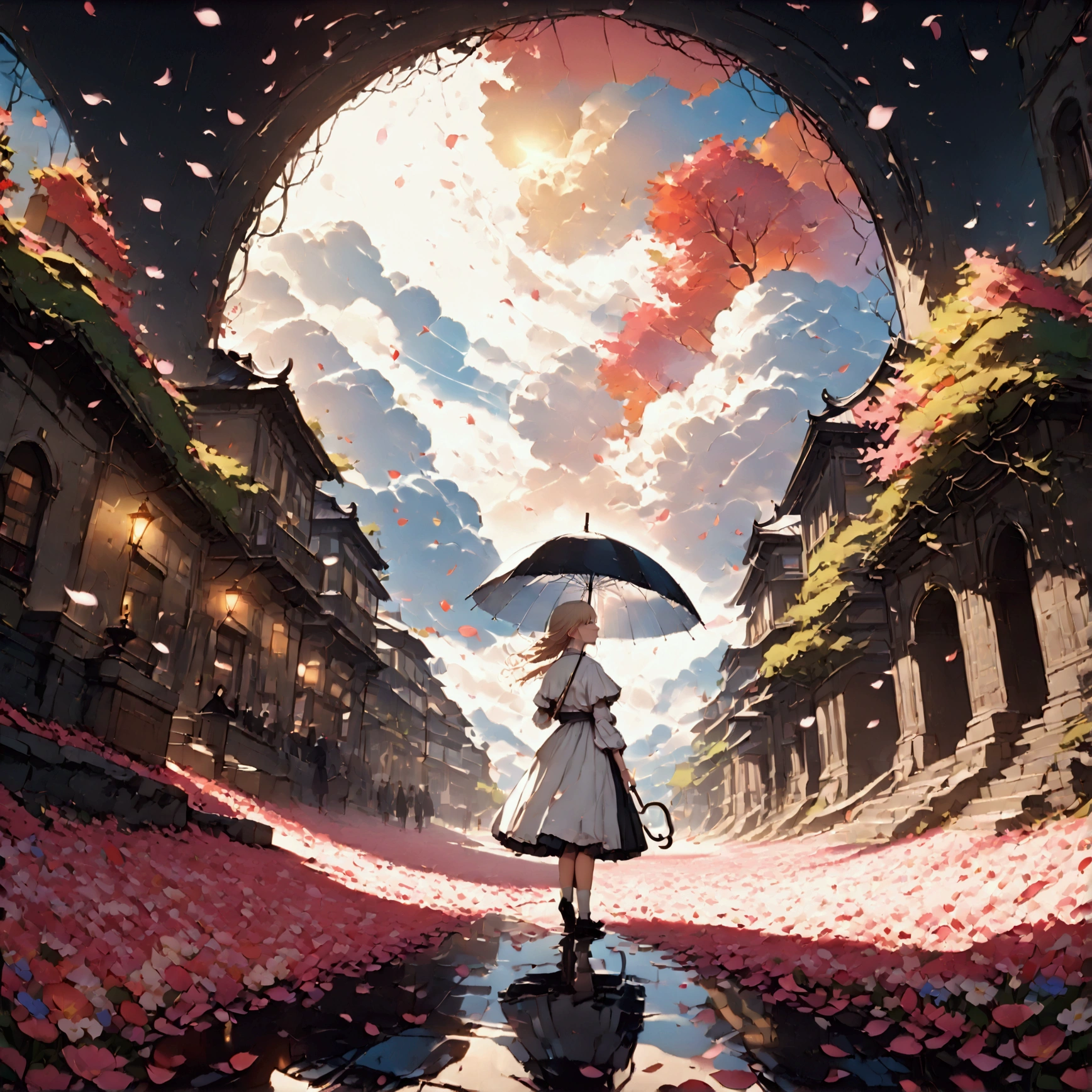 
1girl\(holding umbrella\(transparent,(so many petals decorate umbrella 3d:1.3)\)\), (mass amount of petals in the air:1.5). petals cover ground. minimalism, simplism. BREAK .quality\(8k,wallpaper of extremely detailed CG unit, high resolution, top-quality, top-quality real texture skin, hyper realistic, increase the resolution, RAW photos, best quality, highly detailed, the wallpaper, golden ratio, high saturation realism, vibrant colors, dramatic lighting, persuasive storytelling, atmospheric scenery, captivating visuals, intricate details, strong emotions, dreamlike world\),