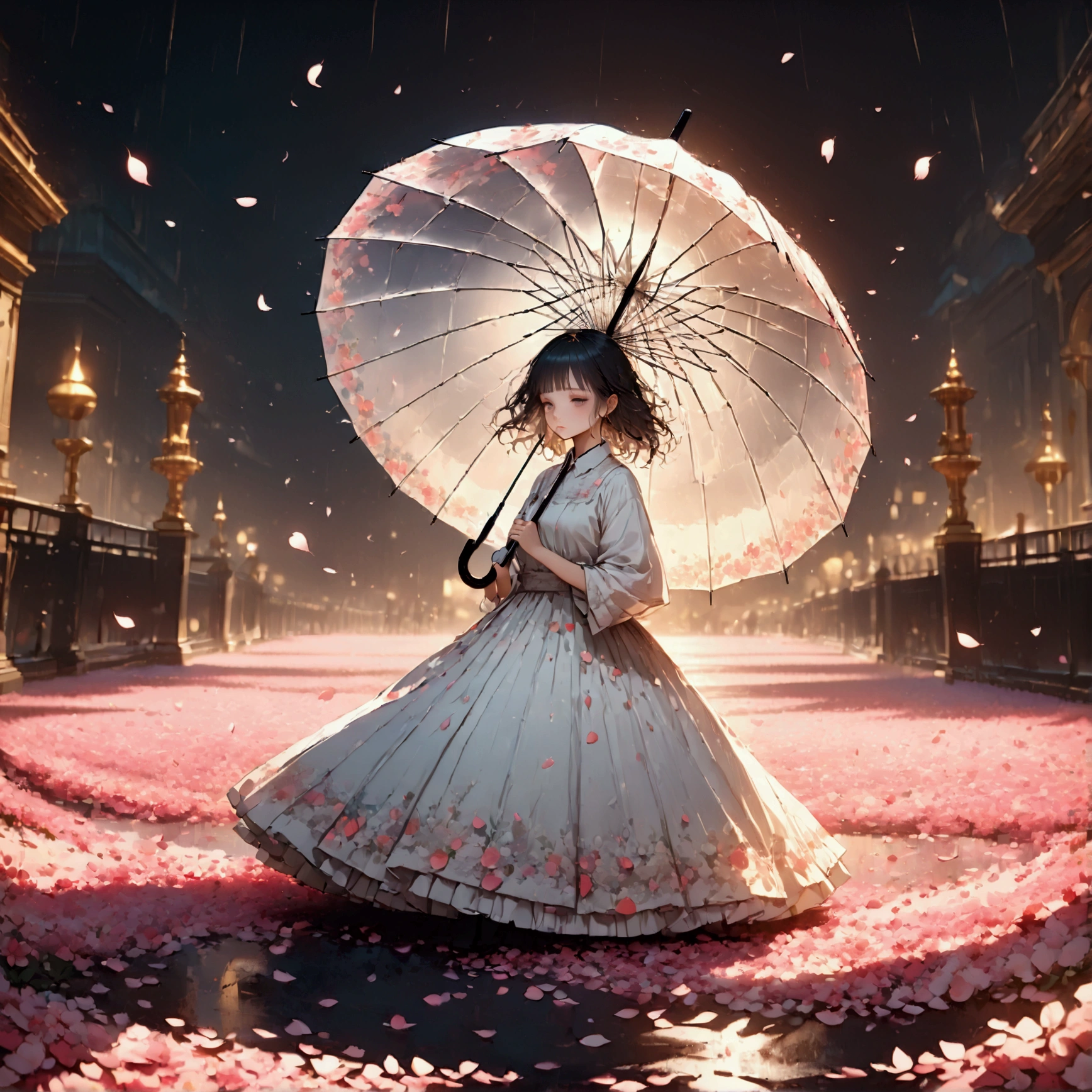 
1girl\(holding umbrella\(transparent,(so many petals decorate umbrella 3d:1.3)\)\), (mass amount of petals in the air:1.5). petals cover ground. minimalism, simplism. BREAK .quality\(8k,wallpaper of extremely detailed CG unit, high resolution, top-quality, top-quality real texture skin, hyper realistic, increase the resolution, RAW photos, best quality, highly detailed, the wallpaper, golden ratio, high saturation realism, vibrant colors, dramatic lighting, persuasive storytelling, atmospheric scenery, captivating visuals, intricate details, strong emotions, dreamlike world\),