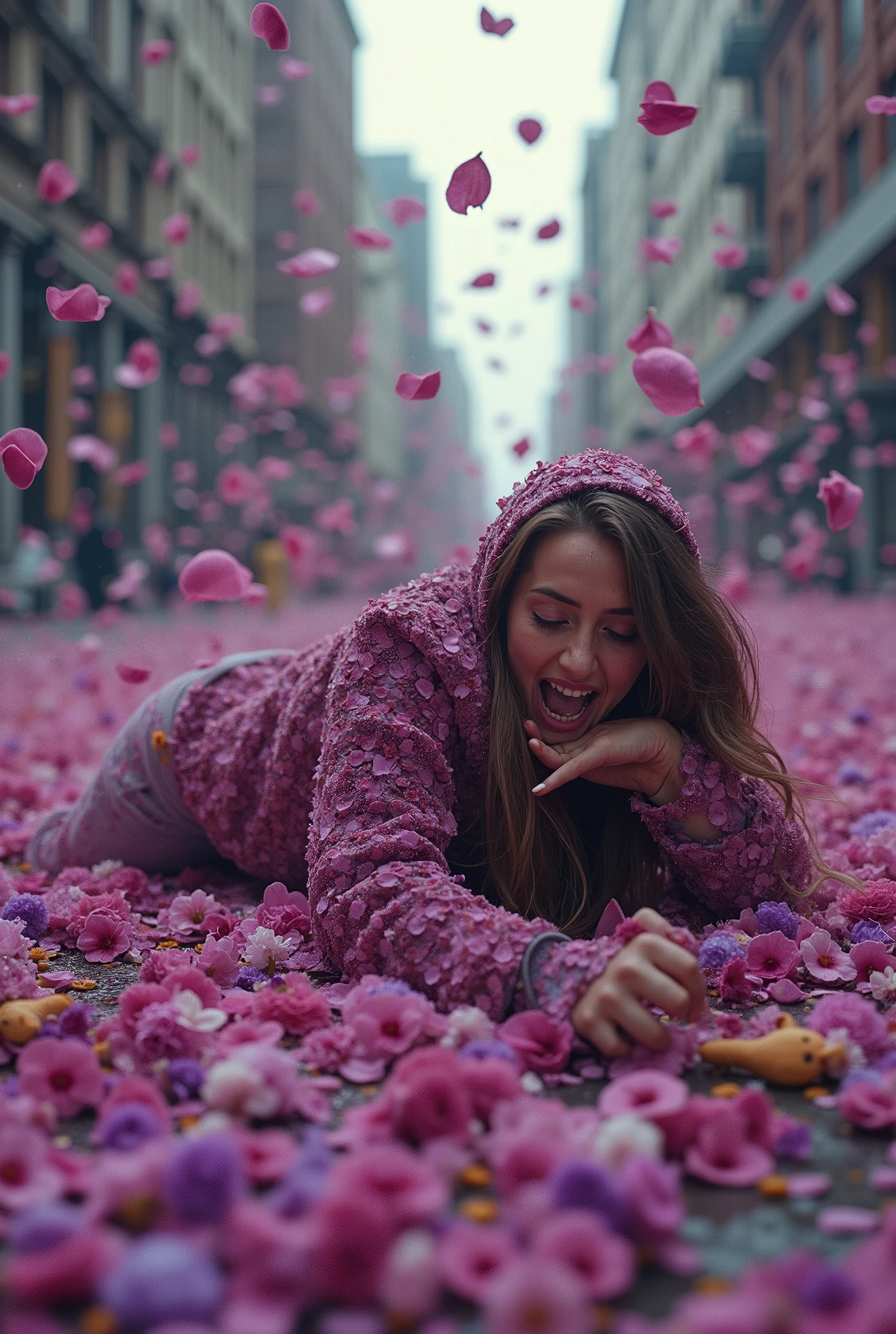 (((The expression of agony of a woman struggling with )))、植物のパンジーとビオラのとても大量のflowerびらが集中豪雨のように舞い上がり勢いよく落下してpeople々Attacking、flowerの集中豪雨、大勢のpeople間がflowerに埋もれてflowerに溺れて路上で苦しそうにもがいている阿鼻叫喚、 lots of victims 、Abnormal phenomenon 、Climax scene from the movie 「flower嵐」 in Panic 、 Dynamic Camera Angle 、flower、flower、flower、大量のflowerが都市を破壊する!!!、(((people々 is a close-up of the expression of agony of a woman who is struggling and is about to fall down after being attacked by poison gas )、