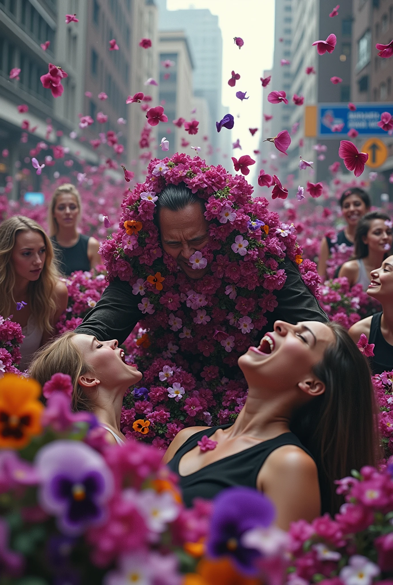 (((The expression of agony of a woman struggling with )))、植物のパンジーとビオラのとても大量のflowerびらが集中豪雨のように舞い上がり勢いよく落下してpeople々Attacking、flowerの集中豪雨、大勢のpeople間がflowerに埋もれてflowerに溺れて路上で苦しそうにもがいている阿鼻叫喚、 lots of victims 、Abnormal phenomenon 、Climax scene from the movie 「flower嵐」 in Panic 、 Dynamic Camera Angle 、flower、flower、flower、大量のflowerが都市を破壊する!!!、(((people々 is a close-up of the expression of agony of a woman who is struggling and is about to fall down after being attacked by poison gas )、