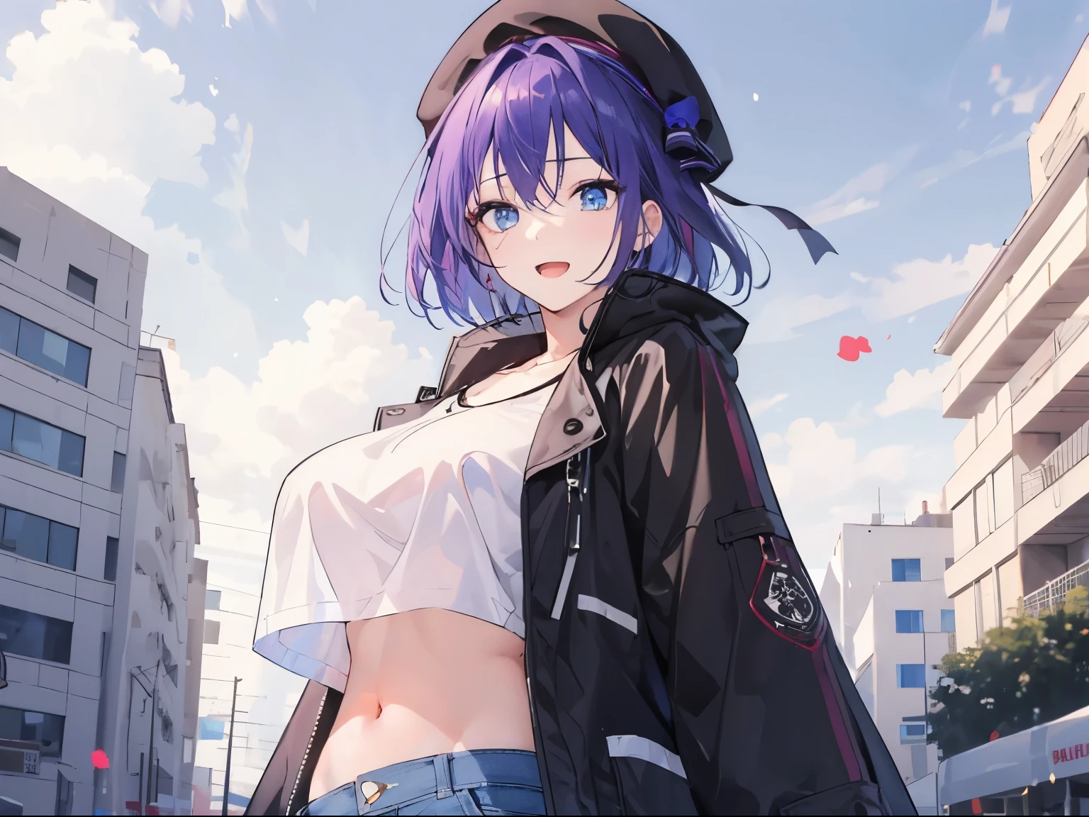 (open mouth, gentle smile), 1 girl, upper body, (facing viewer, looking viewer), (blue eyes), ((sanpaku)), (purple hair, straight hair, very short hair, large breast), ((black beret, black coat, white crop top, denim skirt)), collarbone, (outdoor), Sharp Focus, (Best Quality, masterpiece, detailed, facial focus), (solo shot), ((navel, stomach)), standing straight