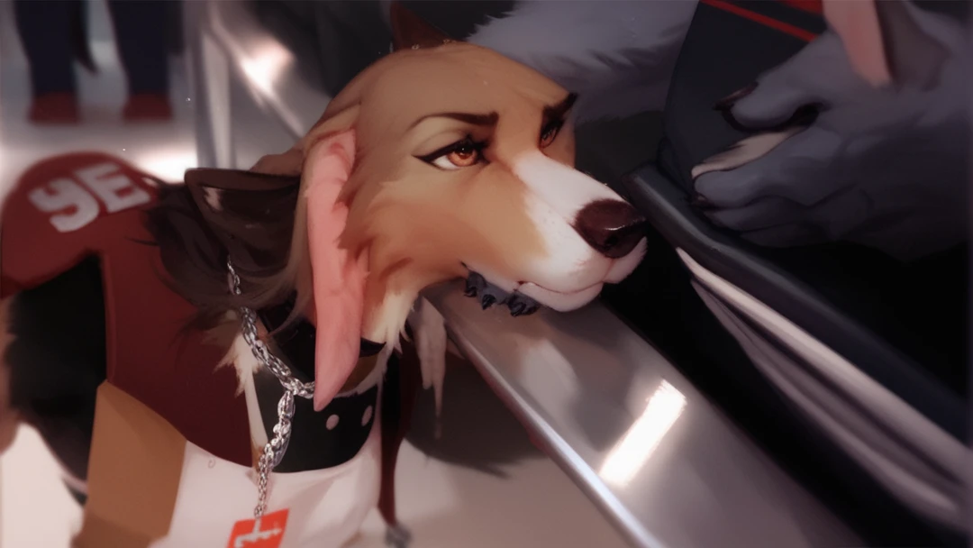 Score_40, score_30, score _20, score_10,Long haired, anthro, furry, wolf, wearing a security vest, chain collar, on a leash, sniffing luggage on the conveyor belt, airport terminal 