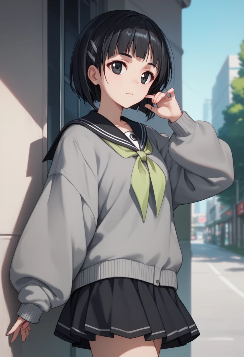 jelosugusu, black hair, black eyes, hairclip,black sailor collar, green neckerchief, oversized clothes, grey cardigan, black skirt, miniskirt