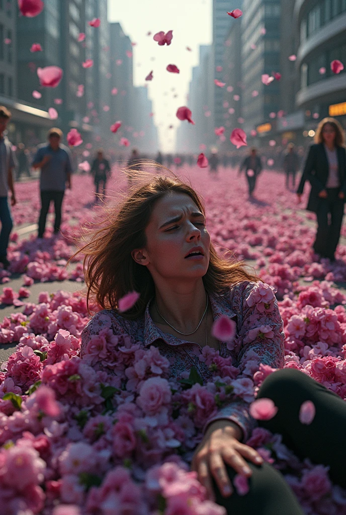 (((The expression of agony of a woman struggling with )))、植物のパンジーとビオラのとても大量のflowerびらが集中豪雨のように舞い上がり勢いよく落下してpeople々Attacking、flowerの集中豪雨、大勢のpeople間がflowerに埋もれてflowerに溺れて路上で苦しそうにもがいている阿鼻叫喚、 lots of victims 、Abnormal phenomenon 、Climax scene from the movie 「flower嵐」 in Panic 、 Dynamic Camera Angle 、flower、flower、flower、大量のflowerが都市を破壊する!!!、(((people々 is a close-up of the expression of agony of a woman who is struggling and is about to fall down after being attacked by poison gas )、