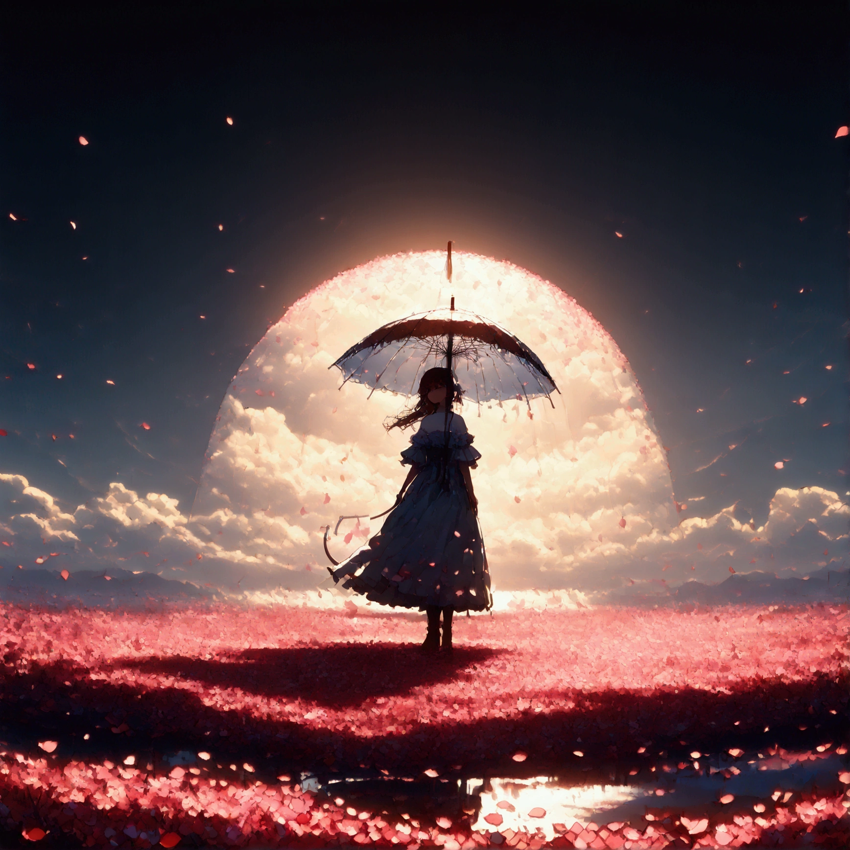 
1girl\(holding umbrella\(transparent,(mass amount of petals decorate umbrella 3d:1.3)\)\), (mass amount of petals filling in the air:1.5). petals cover ground. minimalism, simplism. BREAK .quality\(8k,wallpaper of extremely detailed CG unit, high resolution, top-quality, top-quality real texture skin, hyper realistic, increase the resolution, RAW photos, best quality, highly detailed, the wallpaper, golden ratio, high saturation realism, vibrant colors, dramatic lighting, persuasive storytelling, atmospheric scenery, captivating visuals, intricate details, strong emotions, dreamlike world\),