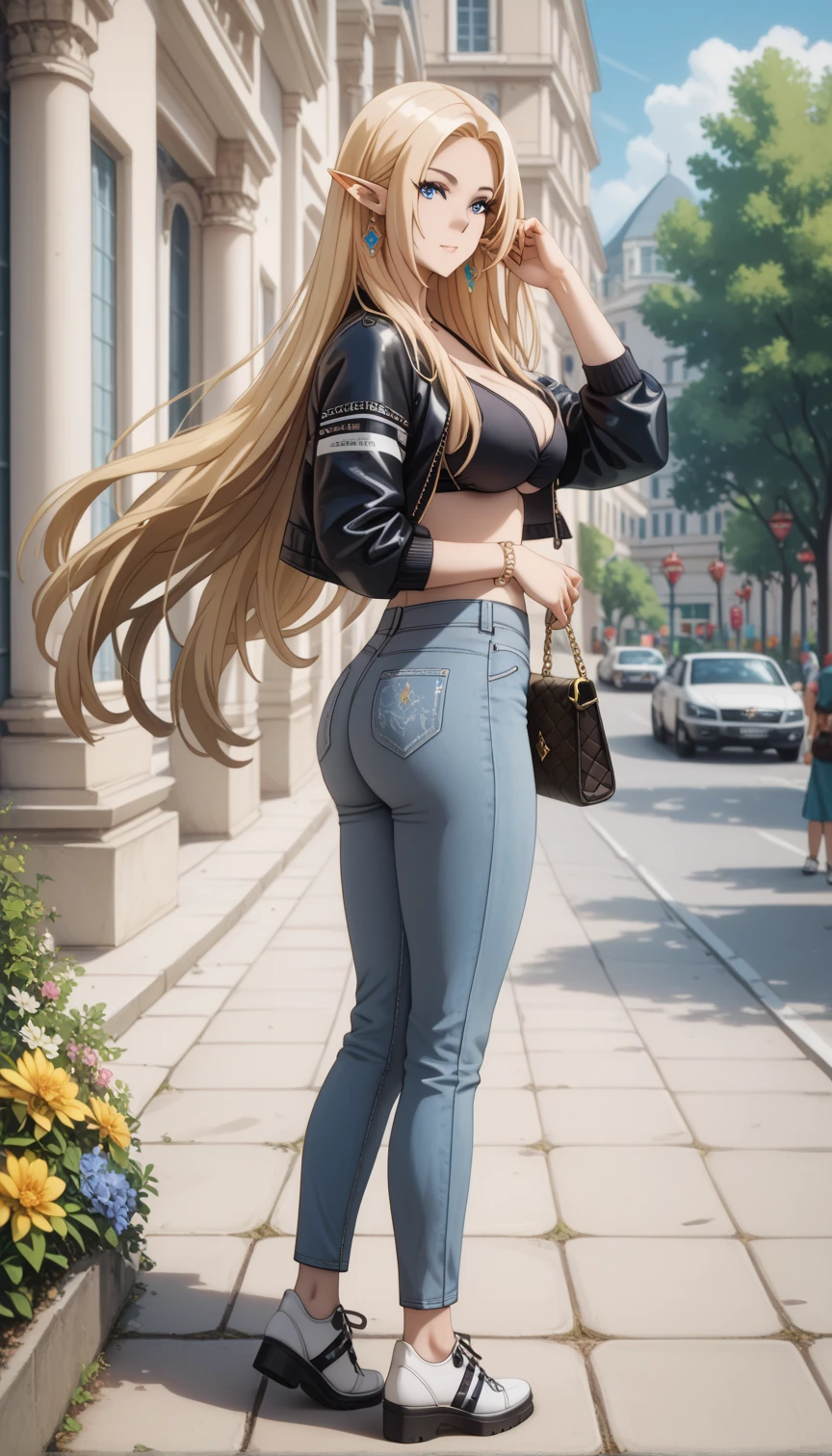 ultra-detailed, 1girl, alpha, elf, ((masterpiece)), (best quality), (highres), 16K, perfect face, long hair, blue eyes, blonde hair, pointy ears, black bikini, shoes, busty body, large breasts and a beautiful ass, Tall girl, Fit girl, 1girl, solo, long_hair, bag, white_footwear, pants, jewelry, earrings, shoes, handbag, standing, jacket, midriff, white_shirt, outdoors, shirt, full_body, crop_top, looking_at_viewer, holding