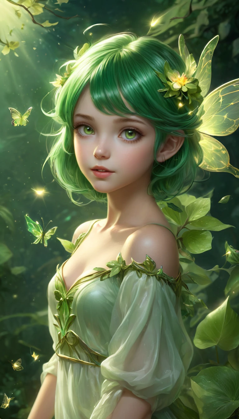 (((  surrenders ))) photograph,( super detailed face),((light)),A hyper-realistic and adorable depiction of a young pixie girl, appearing on the verge of adolescence, with a sweet, innocent face that glows with curiosity and mischief. Her bright emerald-green hair is short and slightly tousled, framing her round cheeks and big, sparkling eyes that shimmer with wonder. Her tiny, delicate wings, resembling baby butterfly wings, are small and semi-translucent, catching the soft light with faint hints of green and gold. She wears a simple yet charming outfit crafted from soft flower petals and fresh leaves, giving her a natural, playful look. She stands barefoot on a mossy rock, her small hands clasped behind her back as she tilts her head curiously, surrounded by glowing fireflies and floating motes of light. The mystical forest around her is bathed in a soft, magical glow, with luminous flowers and vines creating a safe and enchanting environment that reflects her youthful and innocent energy