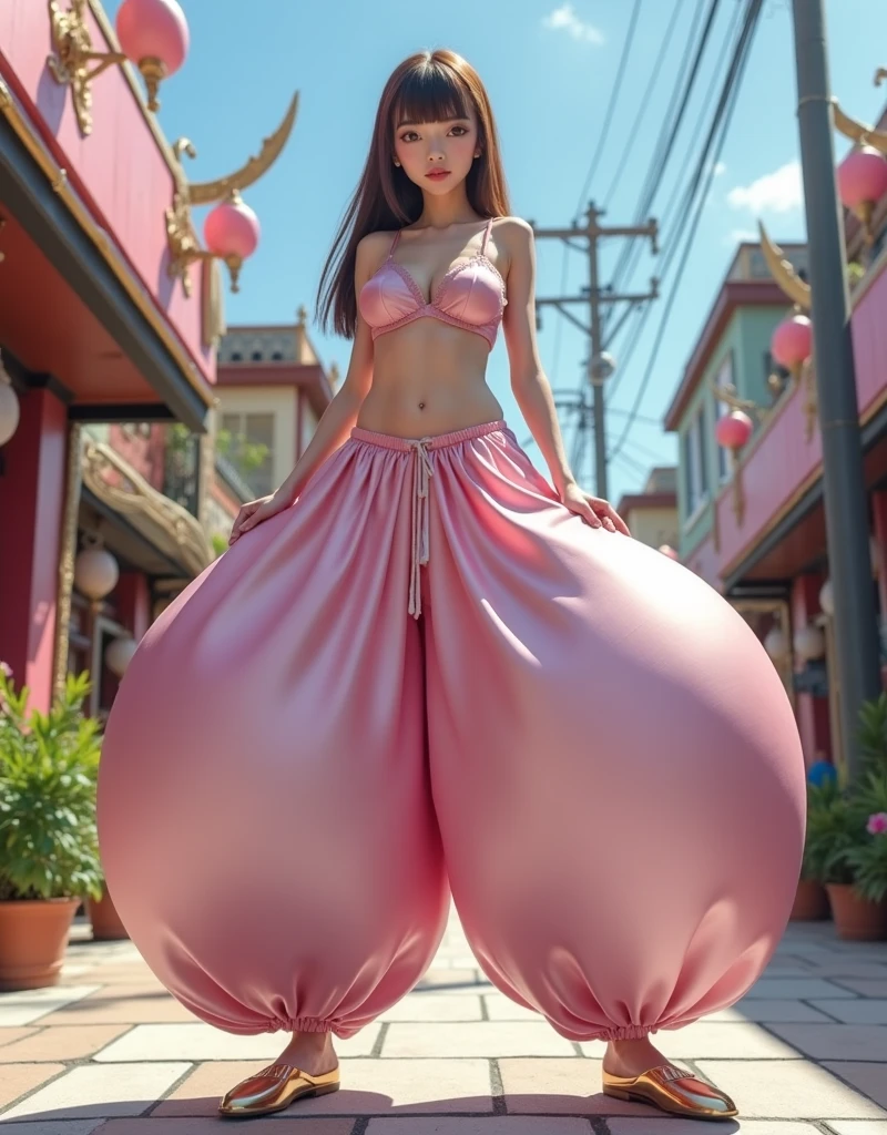 Japanese girl, solo, full body shot, brown eyes, brown long hair, straight hair, hime cut, blunt bangs, blunt tips, hourglass figure, gigantic cleavage breasts, J-Cup breasts, (Insanely huge gigantic breasts, ginormous breasts:1.6), standing in front of an Arabian-themed sweets shop, wearing an Arabian outfit consisting of humongous inflatable satin princess Jasmine-style pantaloons with her belly button completely exposed, gold shoes & gold dance flats, and a simple satin strapless bra. The outfit is light pink and the pants are extremely puffy and completely round and completely spherical, (Best quality:1.3).