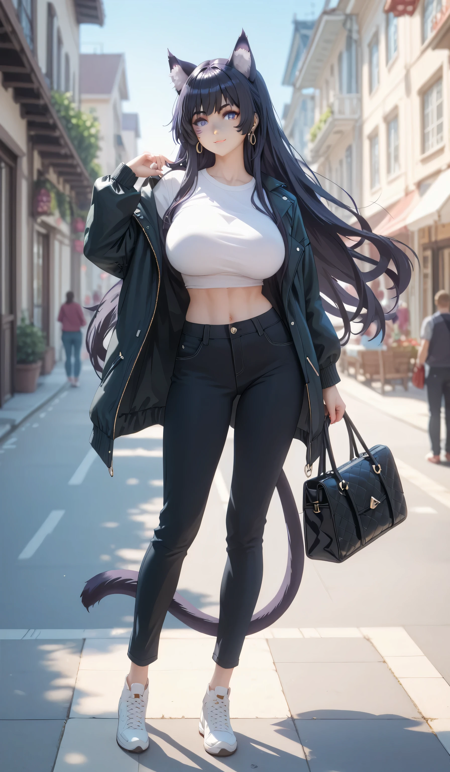 Tall girl, Fit girl,score_9, score_8_up, score_7_up, score_6_up, uncensored, delta, delta from eminence in shadow, long hair, black hair, animal ears, purple eyes, cat ears, animal ear fluff, facial mark,huge breast, tail fluff, 1girl, solo, long_hair, bag, white_footwear, pants, jewelry, earrings, shoes, handbag, standing, jacket, midriff, white_shirt, outdoors, shirt, full_body, crop_top, looking_at_viewer, holding