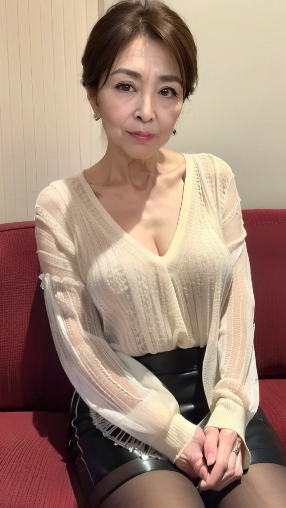 masutepiece, Best Quality、{Angle from above}、,Mature face of the elderly、、with gray hair、updo hair,braid, Curly、a navel、large full breasts、Black tights、see -through、NSFW、A smile、Mouth open