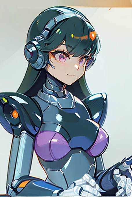 (masterpiece),(Highest quality),(Super detailed),(Best illustrations),(Best Shadow),(Absurd),(Detailed Background),(so beautiful), 16K, 8K, 4K,(Best Shadow),robotization,woman ,big bust,Robot Joint ,Metal skin,Black robot Suit,long hair,a black robot suit that covers the whole body,robot hand,cyber bodysuit,mecha head,(Detailed hands and fingers:1.2),Ball joint robot body,doll joint,beautiful face,beautiful robot girl,robotic eye,robotic hands,(no more human skin),android girl,cyborg girl,F cup, sexy body,(machine made joints:1.2),(machanical limbs:1.1),(blood vessels connected to tubes),(mechanical vertebra attaching to back),(mechanical cervial attaching to neck),no messy picture style,no emotion,tech control,black robot suit,maintenance,smile,mega man