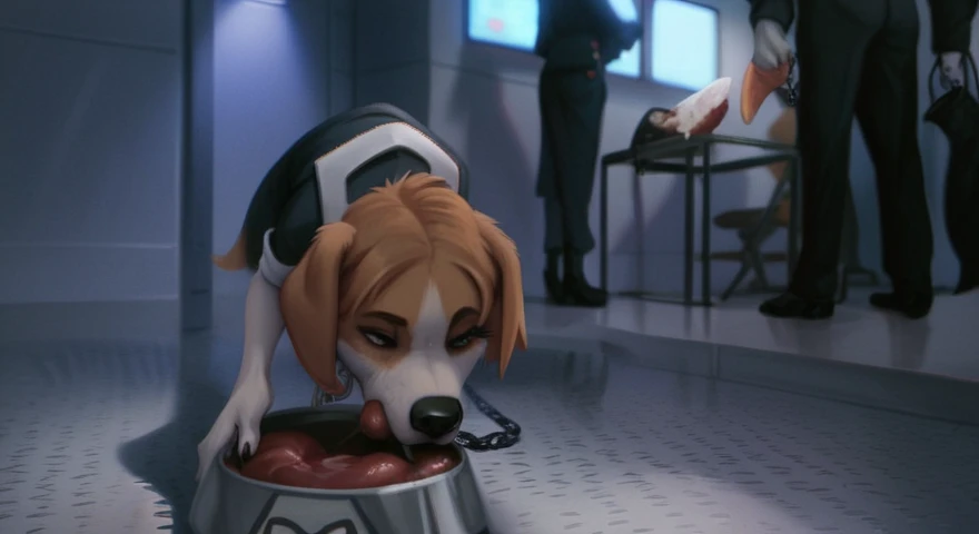 Score_40, score_30, score _20, score_10, beagle, furry, animal, wearing a black security vest, chain collar, on a leash, eating Meat chops from a metal feeding bowl, airport security room 