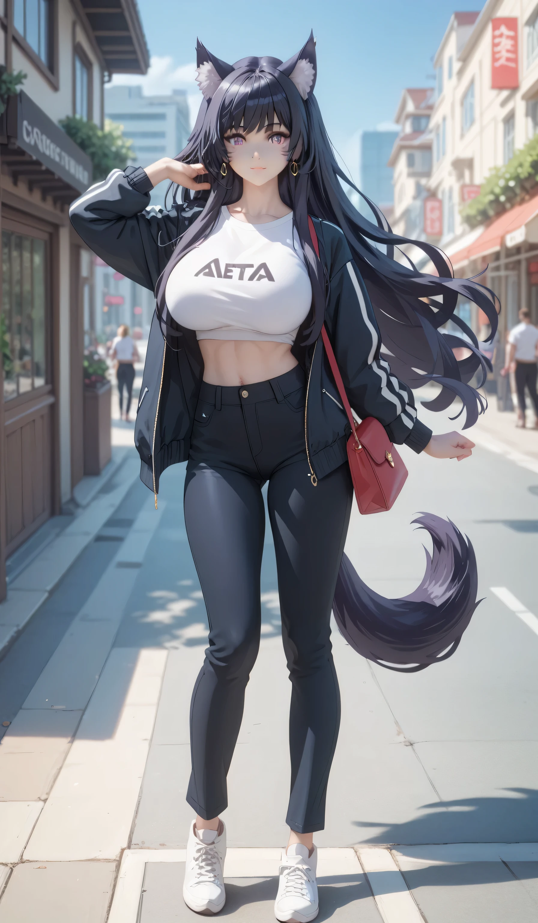 Tall girl, Fit girl,score_9, score_8_up, score_7_up, score_6_up, uncensored, delta, delta from eminence in shadow, long hair, black hair, animal ears, purple eyes, cat ears, animal ear fluff, facial mark,huge breast, tail fluff, 1girl, solo, long_hair, bag, white_footwear, pants, jewelry, earrings, shoes, handbag, standing, jacket, midriff, white_shirt, outdoors, shirt, crop_top, looking_at_viewer, holding
