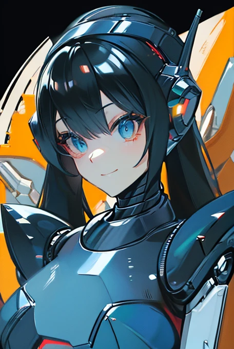 (masterpiece),(Highest quality),(Super detailed),(Best illustrations),(Best Shadow),(Absurd),(Detailed Background),(so beautiful), 16K, 8K, 4K,(Best Shadow),robotization,woman ,big bust,Robot Joint ,Metal skin,Black robot Suit,long hair,a black robot suit that covers the whole body,robot hand,cyber bodysuit,mecha head,(Detailed hands and fingers:1.2),Ball joint robot body,doll joint,beautiful face,beautiful robot girl,robotic eye,robotic hands,(no more human skin),android girl,cyborg girl,F cup, sexy body,(machine made joints:1.2),(machanical limbs:1.1),(blood vessels connected to tubes),(mechanical vertebra attaching to back),(mechanical cervial attaching to neck),no messy picture style,no emotion,tech control,black robot suit,maintenance,smile,mega man