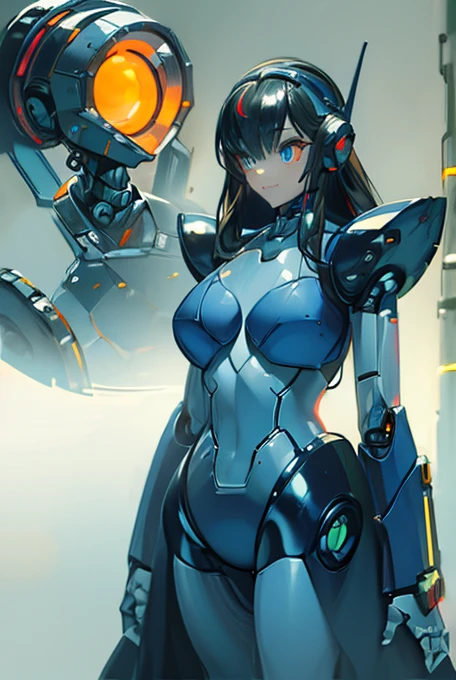 Megaman style girl with a robotic, cyborg appearance in a cartoonish art style. Her thin waist is contrasted by her thick thighs, and she has medium breasts and a curvaceous --ass--. Her bright blue eyes sparkle with intensity, and her --ar 2:3 -- dimension makes for an engaging and dynamic --s2-- image.