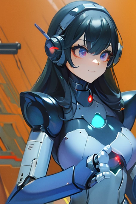 (masterpiece),(Highest quality),(Super detailed),(Best illustrations),(Best Shadow),(Absurd),(Detailed Background),(so beautiful), 16K, 8K, 4K,(Best Shadow),robotization,woman ,big bust,Robot Joint ,Metal skin,Black robot Suit,long hair,a black robot suit that covers the whole body,robot hand,cyber bodysuit,mecha head,(Detailed hands and fingers:1.2),Ball joint robot body,doll joint,beautiful face,beautiful robot girl,robotic eye,robotic hands,(no more human skin),android girl,cyborg girl,F cup, sexy body,(machine made joints:1.2),(machanical limbs:1.1),(blood vessels connected to tubes),(mechanical vertebra attaching to back),(mechanical cervial attaching to neck),no messy picture style,no emotion,tech control,black robot suit,maintenance,smile,mega man