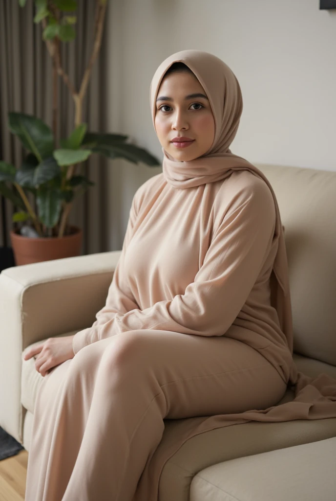 (aesthetic)A beautiful plus-sized woman in a hijab coloring sitting on an oriental sofa,(best quality,highres,ultra-detailed:1.2) 
