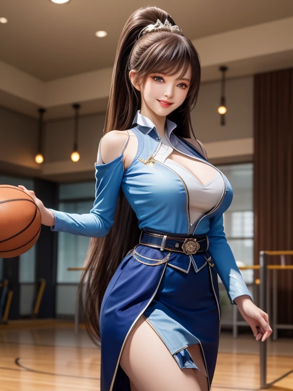 1 Girl, long hair, skirt,Hair accessories, city View, night, High Leg Raise, Boss,白skirt,Ponytail, Cowboy shooting, Long sleeve, belt,blue eyes,cosmetic,1 lady only, /(Basketball clothes/), Become a, /(Light brown hair/) Bangs, Friendly smile, (Masterpiece Best Quality:1.2) Exquisite illustrations with rich details, Big BreastsBREAK /(Civic Gymnasium/) indoors