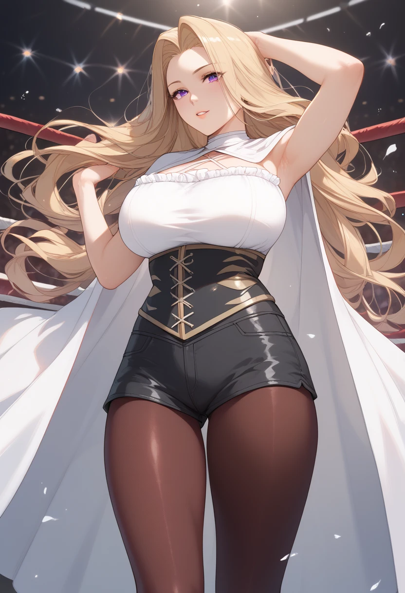 ((((MASTERPIECE)))), best quality,Huge breasts,large ass,Sousou No Frieren,methode, purple eyes, hair intakes, long hair,corset, pantyhose, cape, black shorts,Beautiful attention to detail:1.2, (perfect hand, perfect anatomy), super detailed, beautiful face,wrestling