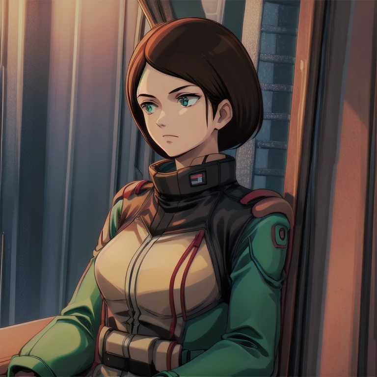 masterpiece, High Quality ,Alone,
Ema Sheen,1 Female,
 short hair, brown hair,Green Eyes,
 jacket,uniform, sleeveless,cockpit