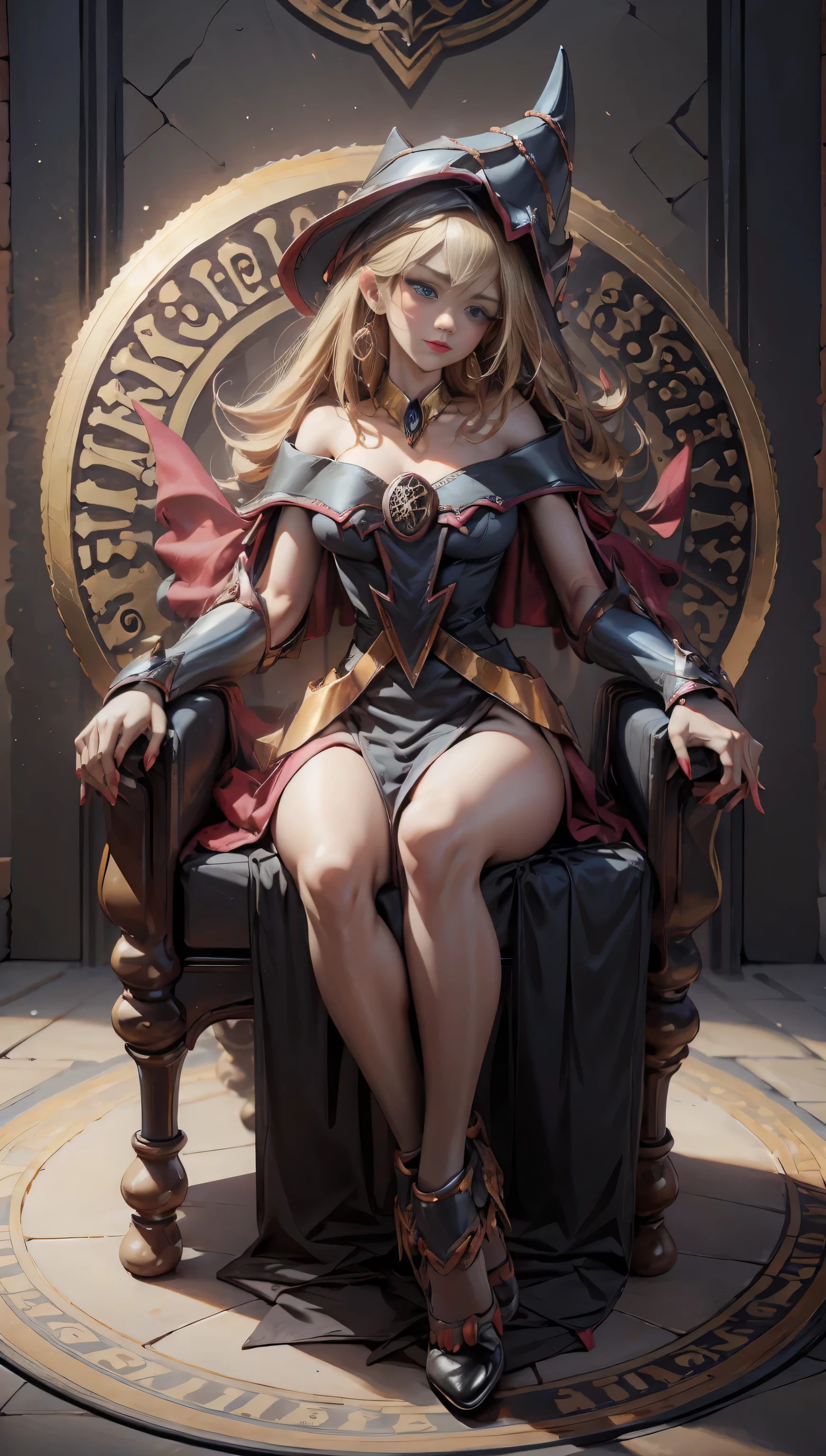  Dark Wizard Gils in a black ball gown.  she wears red heels , she has earrings. use necklaces.   Long blond hair . Blue eyes.  red lips. Sensual and subjective pose .  She is seated on a golden throne ..