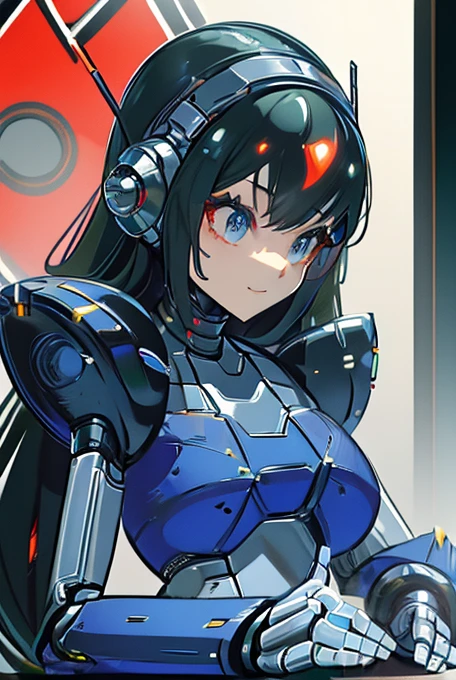 (masterpiece),(Highest quality),(Super detailed),(Best illustrations),(Best Shadow),(Absurd),(Detailed Background),(so beautiful), 16K, 8K, 4K,(Best Shadow),robotization,woman ,big bust,Robot Joint ,Metal skin,Black robot Suit,long hair,a black robot suit that covers the whole body,robot hand,cyber bodysuit,mecha head,(Detailed hands and fingers:1.2),Ball joint robot body,doll joint,beautiful face,beautiful robot girl,robotic eye,robotic hands,(no more human skin),android girl,cyborg girl,F cup, sexy body,(machine made joints:1.2),(machanical limbs:1.1),(blood vessels connected to tubes),(mechanical vertebra attaching to back),(mechanical cervial attaching to neck),no messy picture style,no emotion,tech control,black robot suit,maintenance,smile,mega man