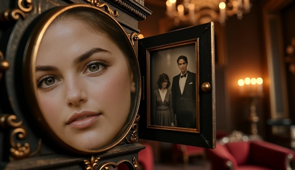 a pale woman with blue eyes and raven hair with a handsome man with raven hair and dark blue eyes looking at a painting in a gallery, They both dress formally with a sixties vibe