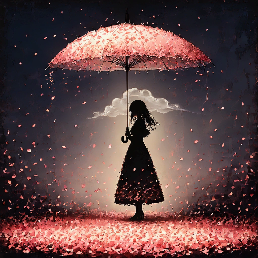 1girl\(holding umbrella\(transparent,(mass amount of petals decorate umbrella:1.3)\)\), (mass amount of petals filling in the air:1.5). petals cover ground. minimalism, simplism. BREAK .quality\(8k,wallpaper of extremely detailed CG unit, high resolution, top-quality, top-quality real texture skin, hyper realistic, increase the resolution, RAW photos, best quality, highly detailed, the wallpaper, golden ratio, high saturation realism, vibrant colors, dramatic lighting, persuasive storytelling, atmospheric scenery, captivating visuals, intricate details, strong emotions, dreamlike world\),