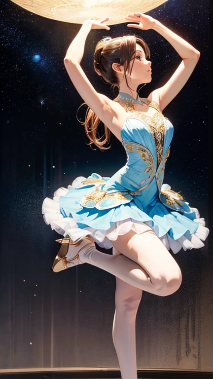  absurd,  high definition ,  super detailed、 panorama、Prima Ballerina_cold、Ballerina dancing arabesque、Full Body Evian、 excellent anatomy、Realistically recreated poses、((( stretch one leg back for balance、腕を広げてuniverseを包み込む)))、She is wearing a swan-inspired cold.、Pointe shoes、Standing on tiptoes、 beautiful pose、Ripples of light spread from under your feet.、Overall atmosphere、 bright colors、 Texture、 beautiful and harmonious 、 creates a great space 、 bling、universe、 Planet、deep