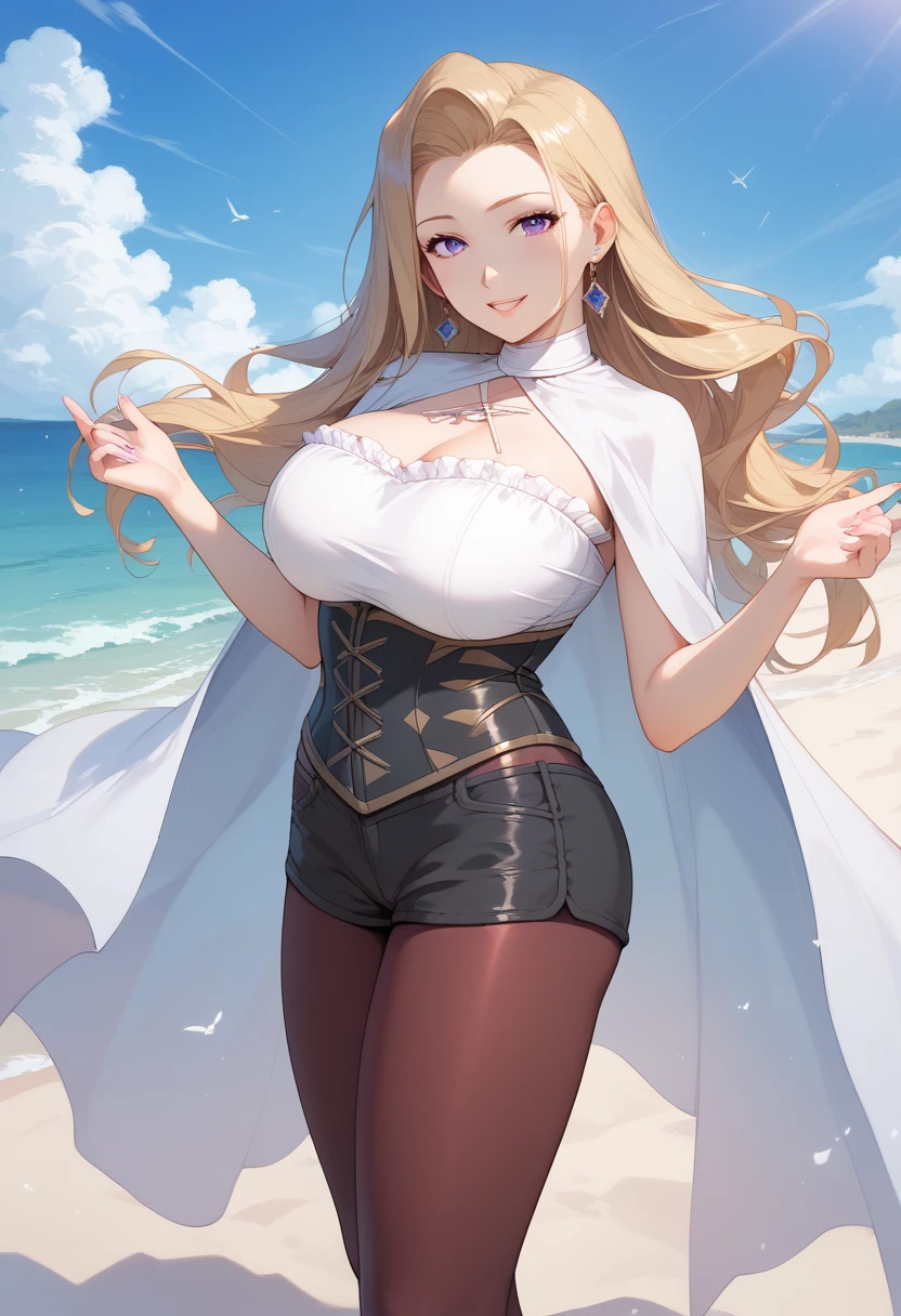 ((((MASTERPIECE)))), best quality, 1 girl, solo,Huge breasts,large ass,Sousou No Frieren,methode, purple eyes, hair intakes, long hair,corset, pantyhose, cape, black shorts,Beautiful attention to detail:1.2, (perfect hand, perfect anatomy), super detailed, beautiful face,beach, dancing,looking at viewer,happy