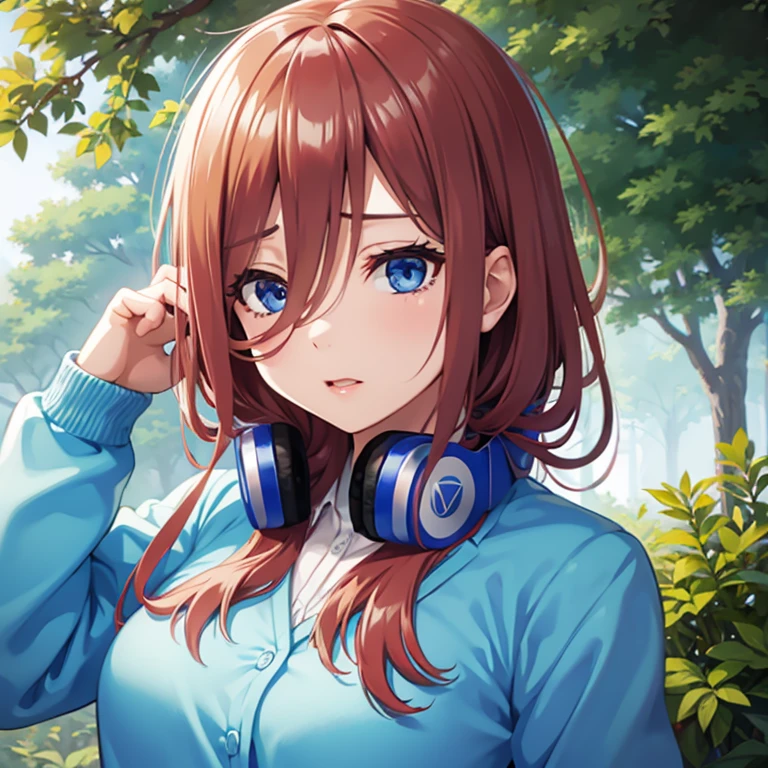 (face portrait), (masterpiece), best quality, expressive eyes, perfect face, highres, 1 girl, solo, miku nakano, long hair, bangs, blue eyes, brown hair, shirt, hair between eyes, headphones, cardigan, headphones around neck, shirt, long sleeves, white shirt, cardigan, blue cardigan, outdoor, schoolyard, smiling, standing, upper body portrait
