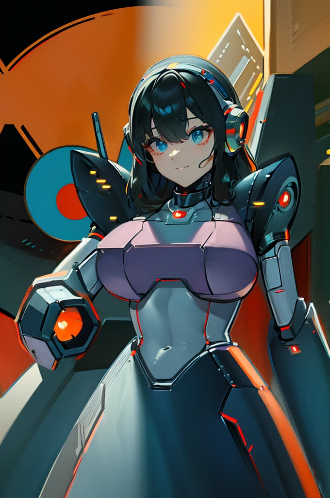 (masterpiece),(Highest quality),(Super detailed),(Best illustrations),(Best Shadow),(Absurd),(Detailed Background),(so beautiful), 16K, 8K, 4K,(Best Shadow),robotization,woman ,big bust,Robot Joint ,Metal skin,Black robot Suit,long hair,a black robot suit that covers the whole body,robot hand,cyber bodysuit,mecha head,(Detailed hands and fingers:1.2),Ball joint robot body,doll joint,beautiful face,beautiful robot girl,robotic eye,robotic hands,(no more human skin),android girl,cyborg girl,F cup, sexy body,(machine made joints:1.2),(machanical limbs:1.1),(blood vessels connected to tubes),(mechanical vertebra attaching to back),(mechanical cervial attaching to neck),no messy picture style,no emotion,tech control,black robot suit,maintenance,smile,mega man