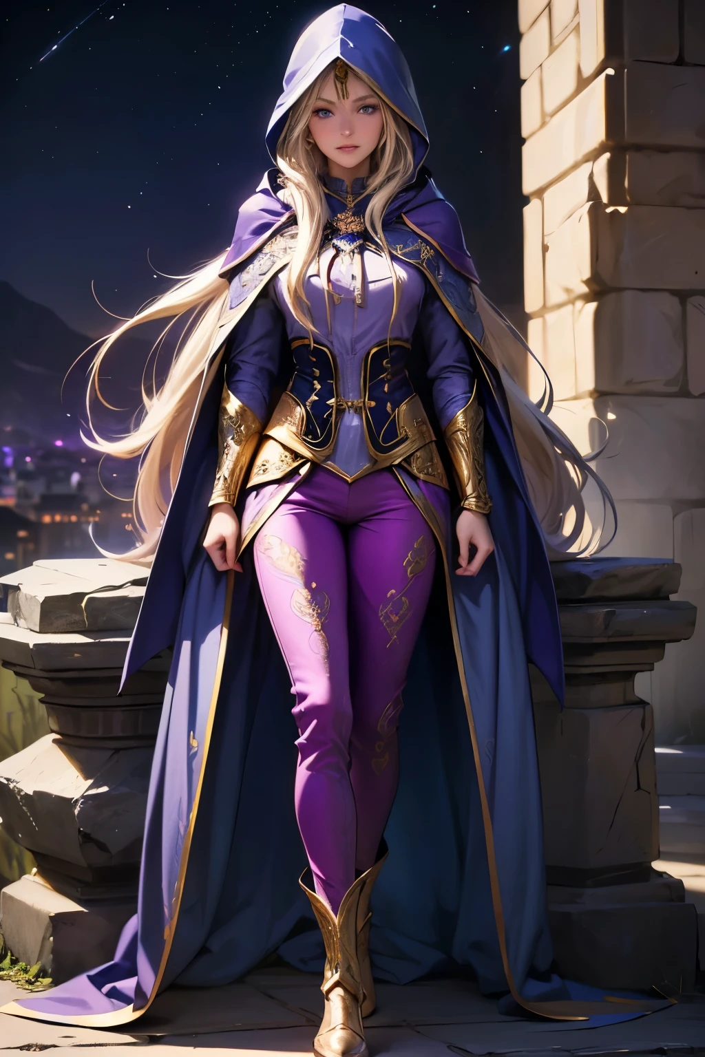 A beautiful girl, long hair, blonde hair, (detailed face: 1.4), (dressed in a blue cloak, hood covering the face), blue eyes, perfect nose, pink lips, (purple shirt with gold drawings), medium breasts, (purple pants with gold drawings), (full body), (standing on a stone), at night, cliff, flashes of light,