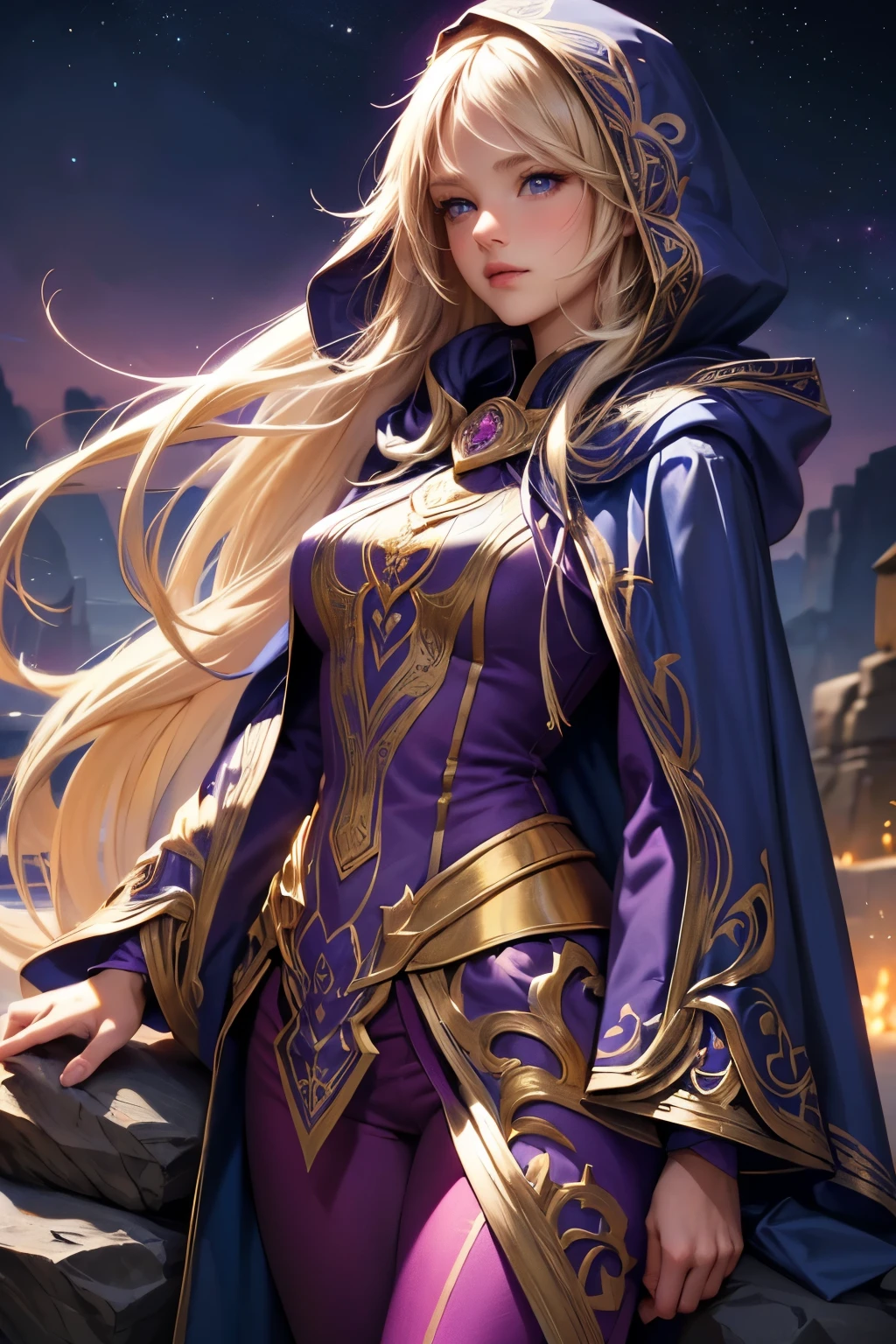 A beautiful girl, long hair, blonde hair, (detailed face: 1.4), (dressed in a blue cloak, hood covering the face), blue eyes, perfect nose, pink lips, (purple shirt with gold drawings), medium breasts, (purple pants with gold drawings), (full body), (standing on a stone), at night, cliff, flashes of light,