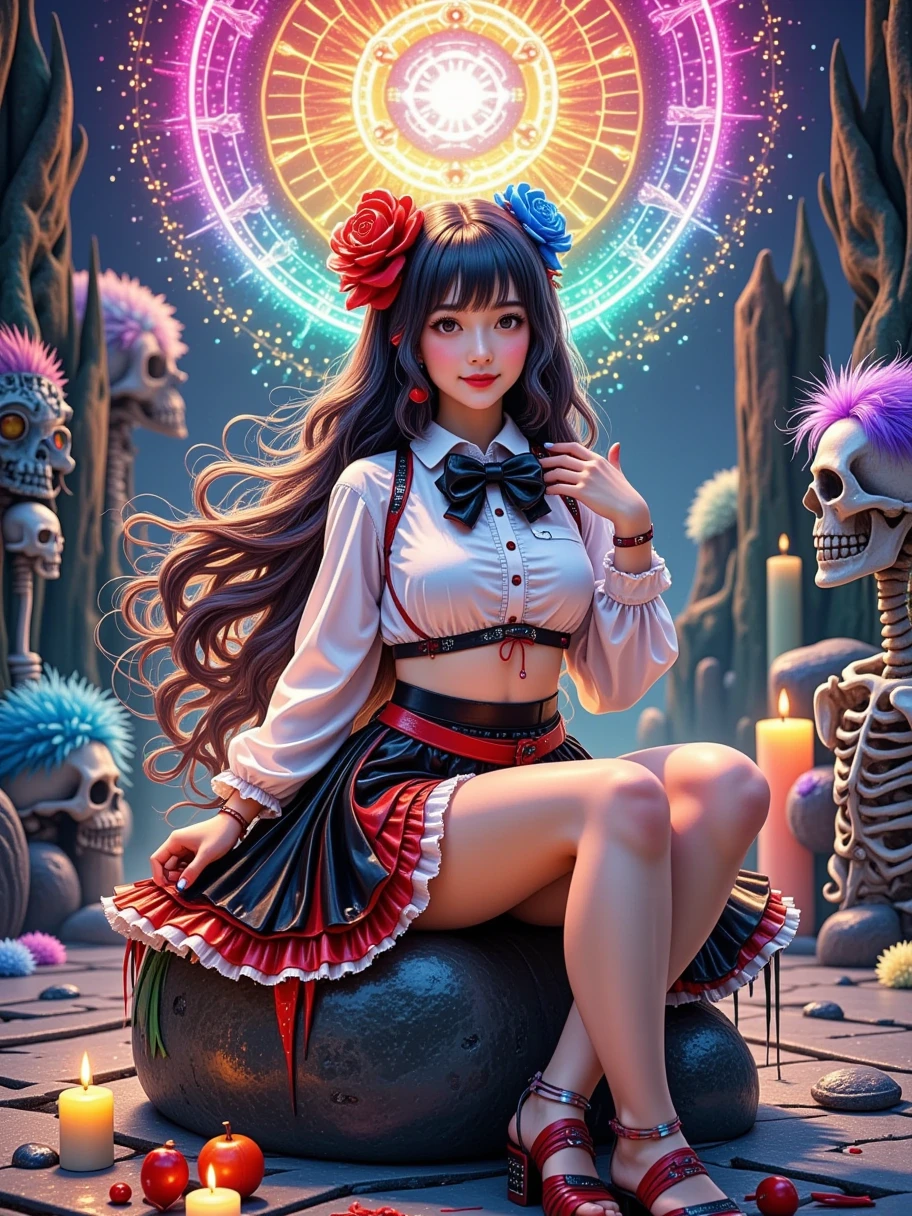 masterpiece, best quality, intricately detailed, a woman, beautiful, Elegant, smile, blood, iridescent long hair, bangs, skirt, shirt, long sleeves, frills, shoes, bowtie, (red and black:1.4), flower, creepy, Horror, skulls, long hair, black hair, candle, blood, hair flower, Alone, hair ornament, bone, sitting, doll, skull, skeleton,  Horror (Theme),  Unreal Engine rendering ,  ethereal rendering , Futuristic battlefield background ,  natural light,  beautiful lighting effects ,  fantasy engine , Super fine, 超HD,  high quality, Perfect composition, (((远景拍摄whole body))), (((whole body))),  is brightly colored , HD,  high detail , Fresh color scheme , , bright and bright colors , ((( dopamine color scheme ))), High Saturation,  High Contrast, 8k