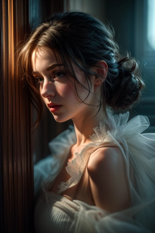 (8K, Raw Photo, Photorealistic:1.5), beautiful brunette, 35 years old, (big bright green eyes:1.2), short dark blonde hair, (Chanel style hair:1.2), chubby, small breasts, wearing a pink transparent nightgown, no bra, no pants, sitting in a brown leather armchair, living room, looking to the outside, rainned day, drops rain in the window, sad look, (light coming only from the window:1.1), high contrasted light, dust shining in the air, (low angle camera: 1.5), (There is a wolf outside the window looking at her: 1.6)