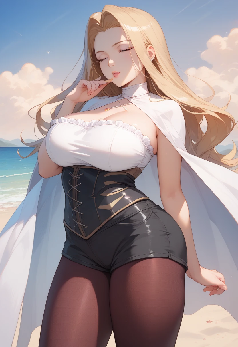 ((((MASTERPIECE)))), best quality, 1 girl, solo,Huge breasts,large ass,Sousou No Frieren,methode, purple eyes, hair intakes, long hair,corset, pantyhose, cape, black shorts,Beautiful attention to detail:1.2, (perfect hand, perfect anatomy), super detailed, beautiful face,beach ,looking at viewer,closed eyes,kiss