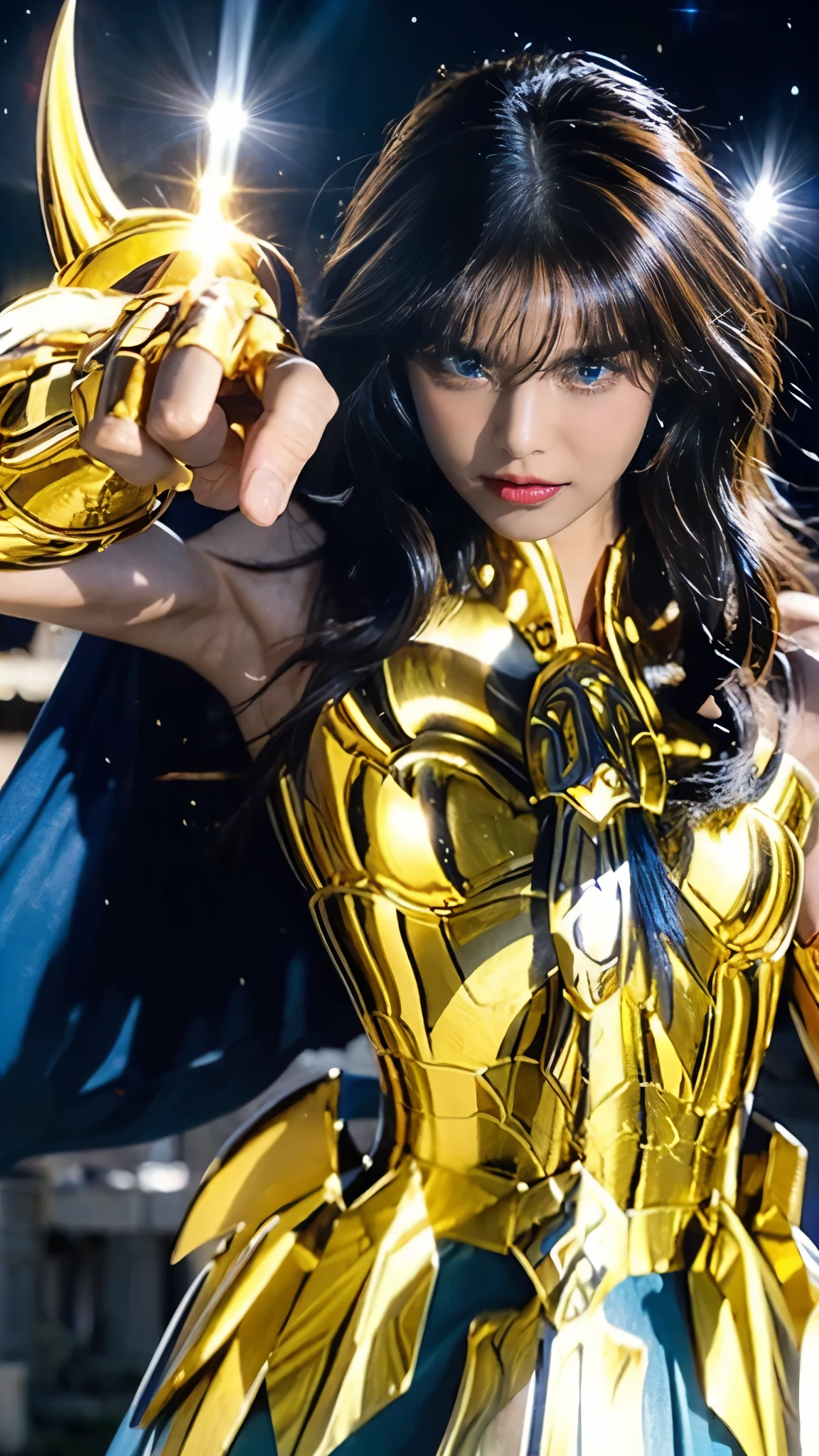 masterpiece,  please redeem , 超 high definition , Realistic skin texture,  Armature , (Realistic:1.4),  high definition ,  RAW photo,  1 girl, shiny skin, ( Detail Skin :1.2), Realistic ,( beautiful breasts),skin texture, Best writing, Shine, Gold Armor,(blue long disheveled hair ),  wearing a gold helmet,  Dramatic Lighting, ( Greek temple background :1.3), Night Sky, universe, milky way,( pointed shoulder armor ), blue eyes, long, beautiful eyes, beautiful face, blue hair ,Lower your right hand straight down