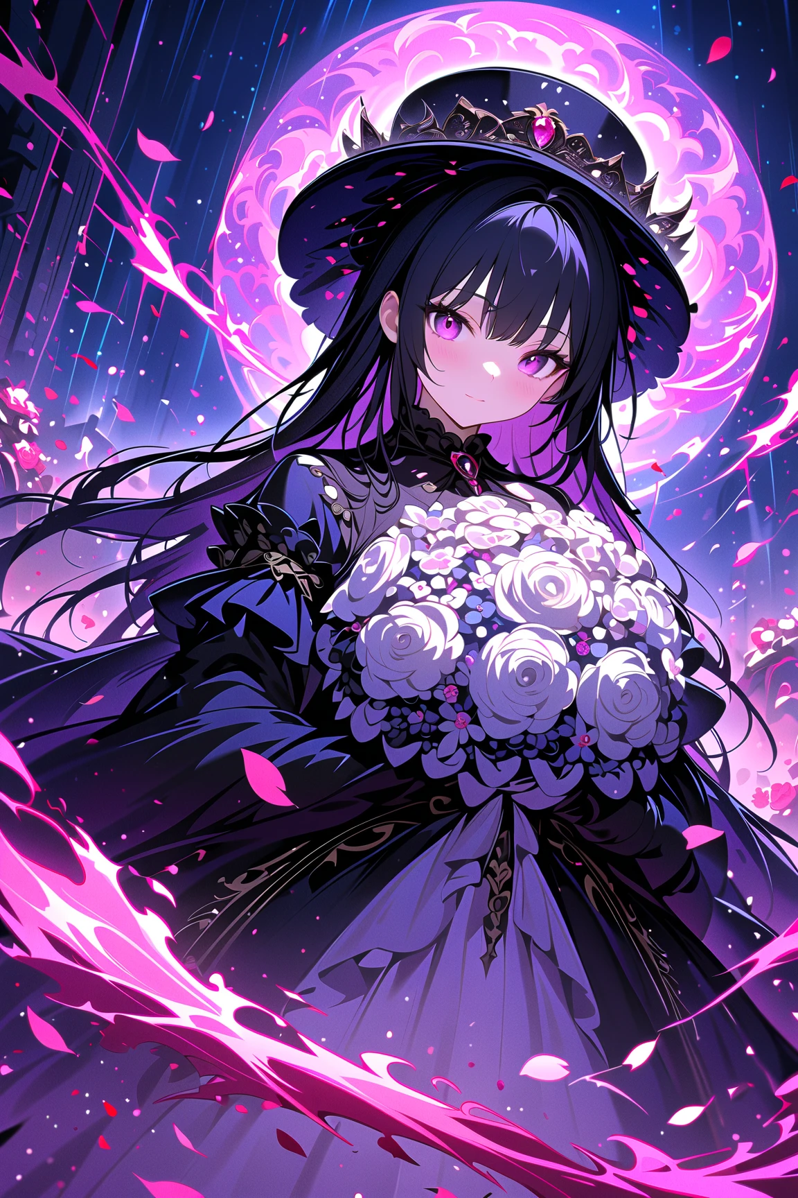 1girl,,face not visible,black Gothic dress,black hat,white bouquet,(holding white bouquet),standing,front,(black petals flying in profusion),Rain of petals,many petals,innumerable petals,petals floating in the air,Art Deco,Color Field painting,rococo style,chiaroscuro,cinematic lighting,large quantity of petals,night,dark fantasy,cursed graveyard background,masterpiece,best quality,ultra detailed,8k portrait,unity 8k wallpaper,super fine illustration