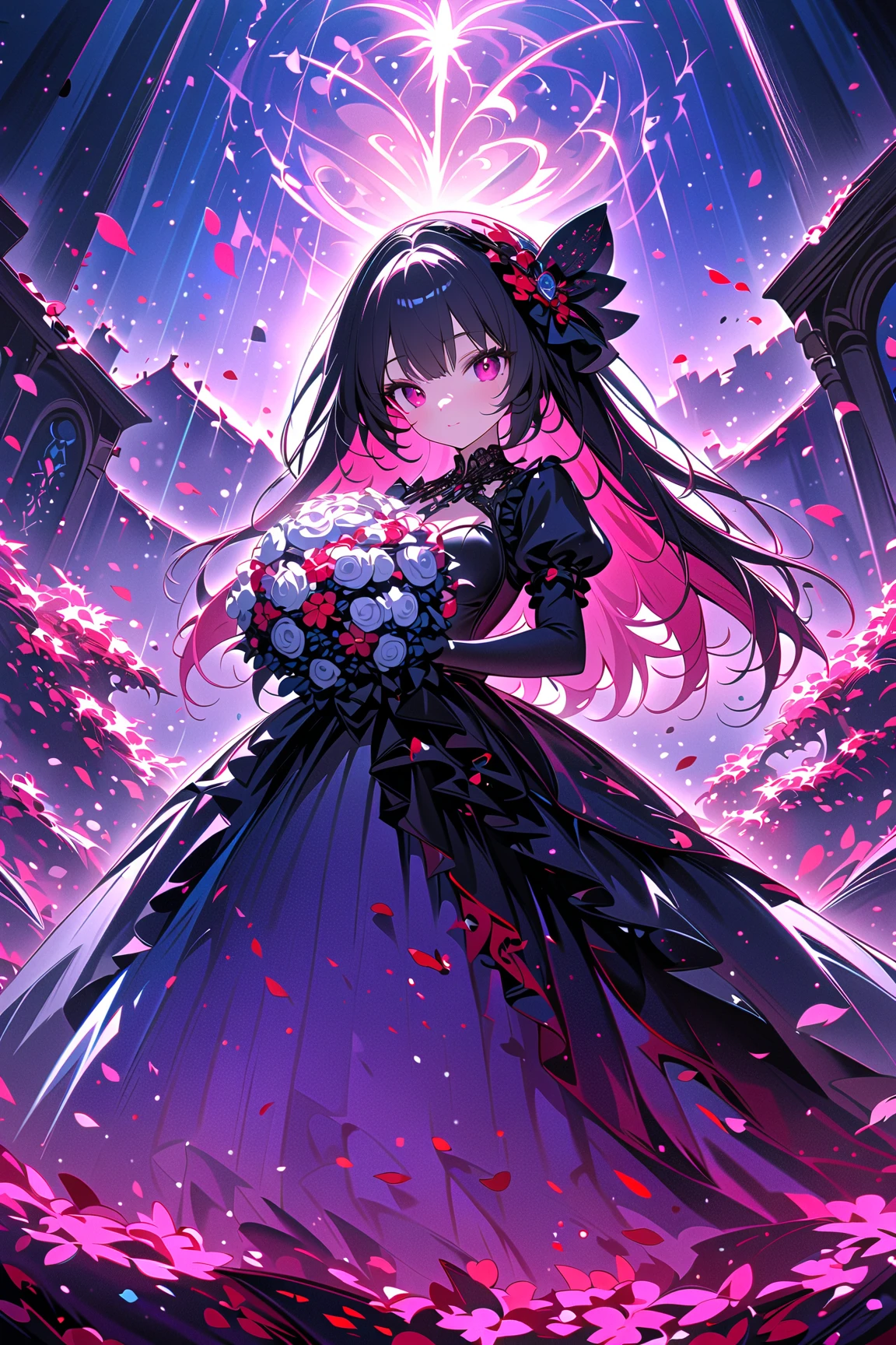 1girl,,face not visible,black Gothic dress,black hat,white bouquet,(holding white bouquet),standing,front,(black petals flying in profusion),Rain of petals,many petals,innumerable petals,petals floating in the air,Art Deco,Color Field painting,rococo style,chiaroscuro,cinematic lighting,large quantity of petals,night,dark fantasy,cursed graveyard background,masterpiece,best quality,ultra detailed,8k portrait,unity 8k wallpaper,super fine illustration