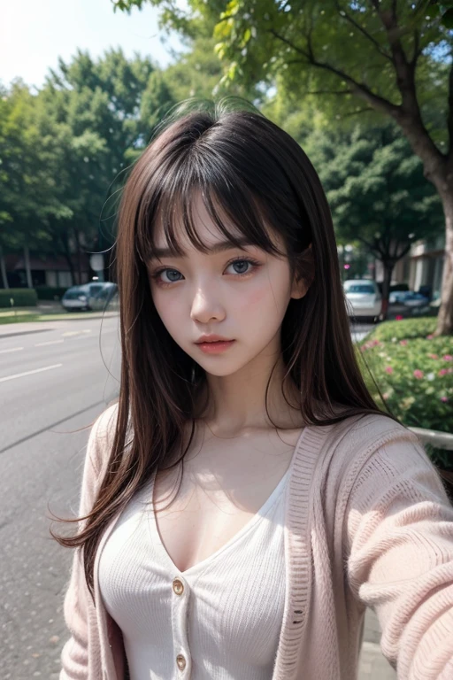 (very realistic pictures, High resolution, detailed face, fine eyes) thin japanese woman, 28 years old, 1 girl, (1 Ultimate beauty), highly detailed face, (perfect teeth), detailed eye, double eyelid, eyelash, grin and laugh, lip details, brunette bob, toned body shape, very small breasts, very thin waist, casual clothes, on the road, full body photo,cute freckles