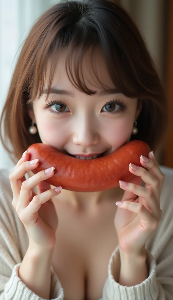 (realistic, photo-realistic:1.4), (best quality, masterpiece:1.2), RAW photo, high resolution, intricate details, extremely detailed, realistic and sharp details, (portrait, face focus), solo, a Japanese woman, Miona Hori, (eating a huge sausage, shovel a long sausage deep into mouth:1.4), (detailed face, beautiful detailed eyes, beautiful pupils, sophisticated nose), pale skin, fine-textured skin, necklace, jewelry, collarbone, wearing some clothes, simple background,